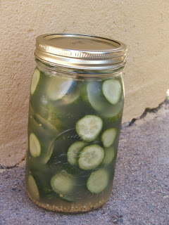 Mason jar against a yellow wall filled with sliced pickles 