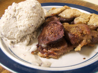 White plate rimmed in blue with a slice of fig pie and scoop of cream colored ice cream.