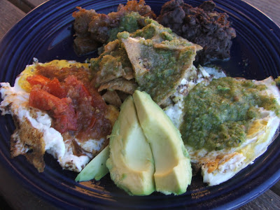 Blue plate with two eggs, one covered in green salsa, the other in red salsa, sliced avocado, tortilla chips covered in green salsa, and refried beans.