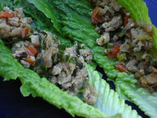 Romaine lettuce leaves filled with ground turkey and chopped vegtables. 