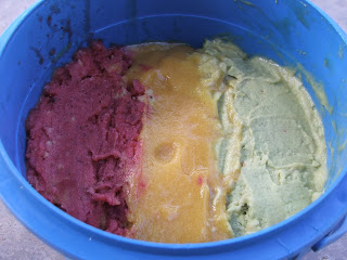Circular blue tub filled with rainbow sorbet. There is a green stripe, yellow stripe, and a pink stripe. 